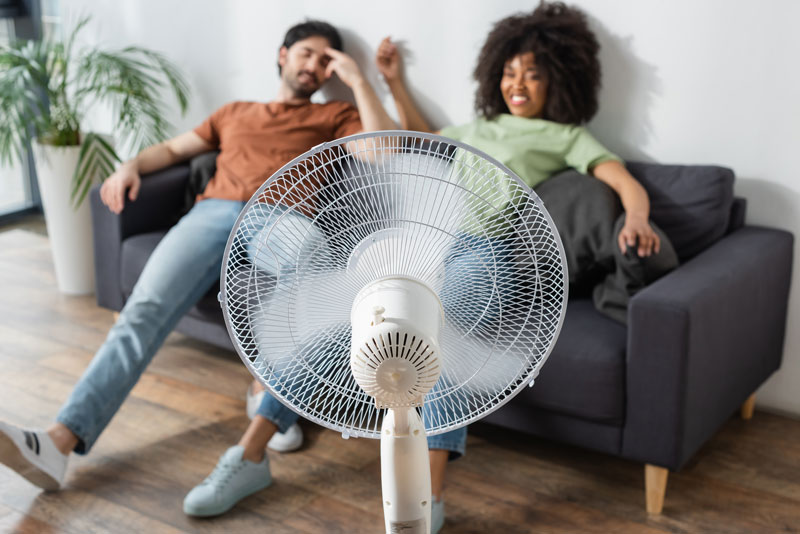 Couple trying to keep cool on couch in front of fan as they wait for an AC replacement.